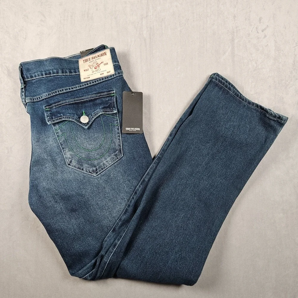 NEW True Religion Ricky Relaxed Straight Jeans Mens 38x34 Dark Wash Flap Pockets